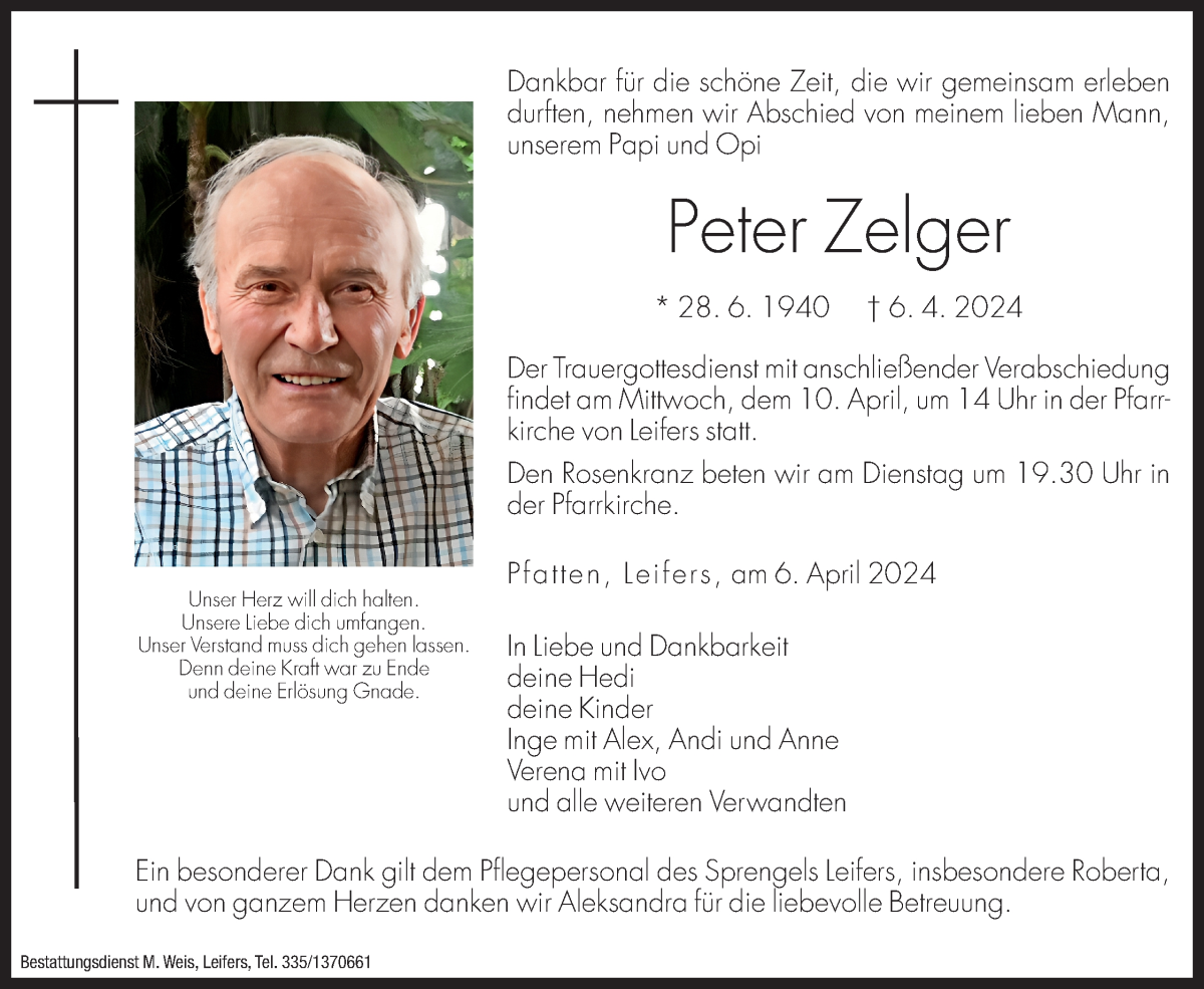  Traueranzeige für Peter Zelger vom 08.04.2024 aus Dolomiten