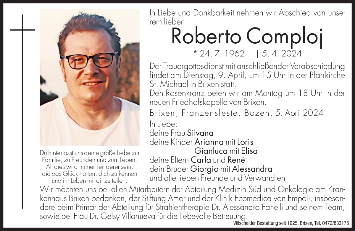  Traueranzeige für Roberto Comploj vom 06.04.2024 aus Dolomiten