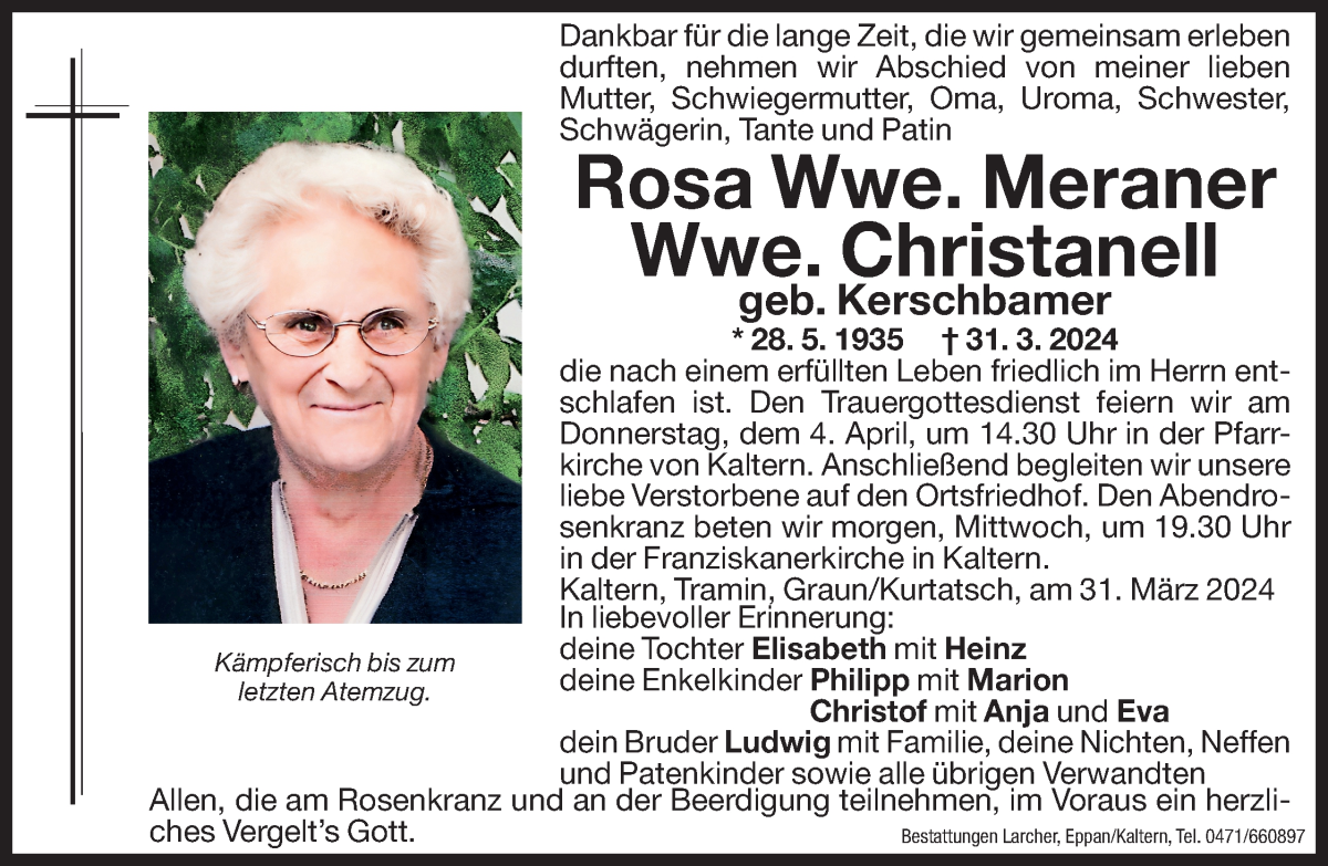  Traueranzeige für Rosa Christanell vom 02.04.2024 aus Dolomiten