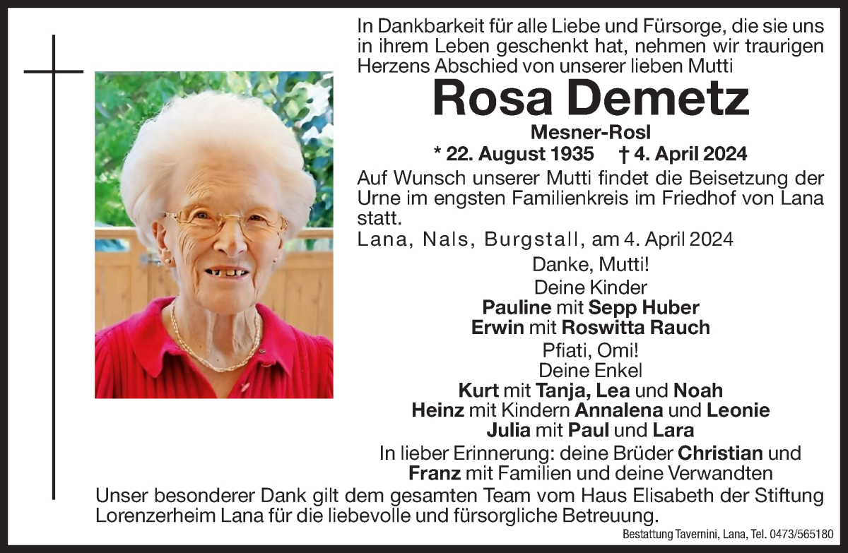  Traueranzeige für Rosa Demetz vom 05.04.2024 aus Dolomiten