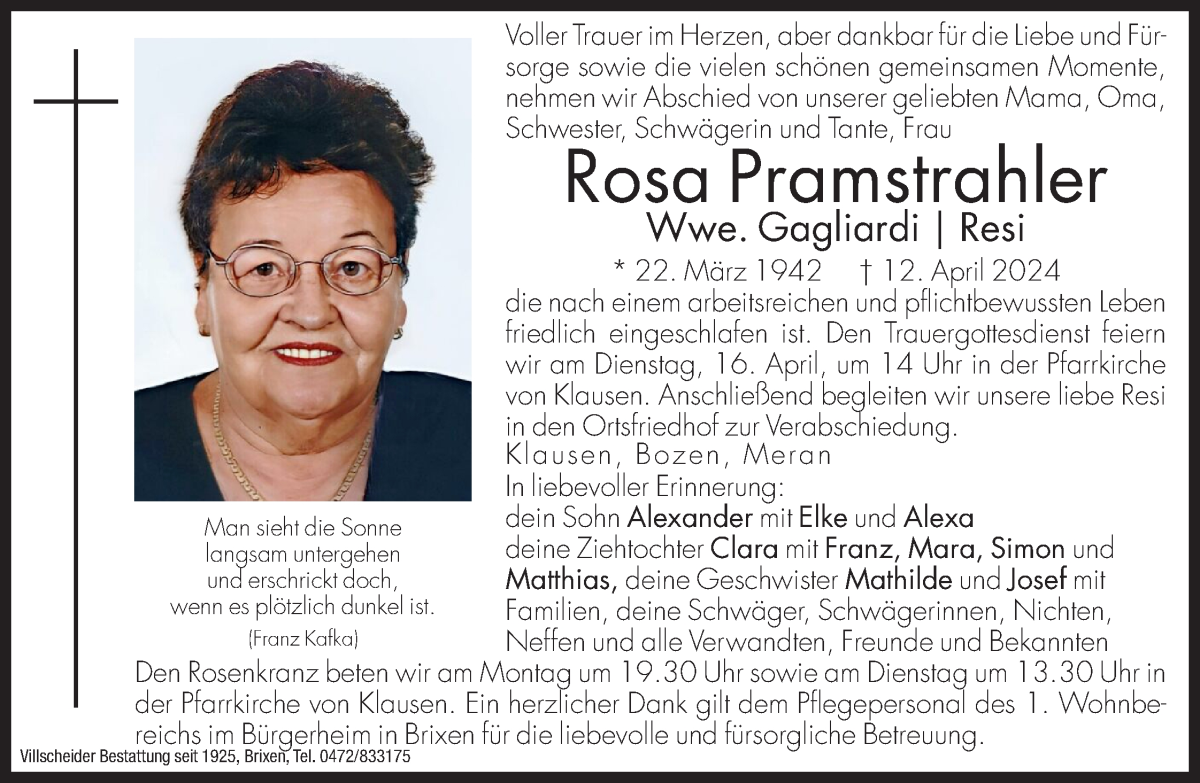  Traueranzeige für Rosa Gagliardi vom 15.04.2024 aus Dolomiten