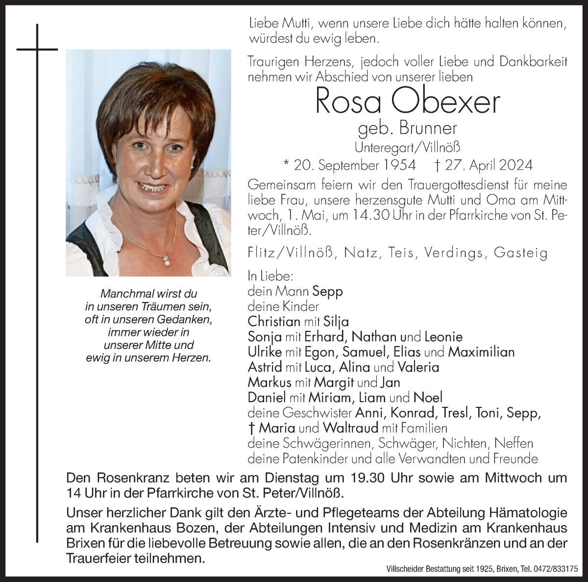  Traueranzeige für Rosa Obexer vom 30.04.2024 aus Dolomiten