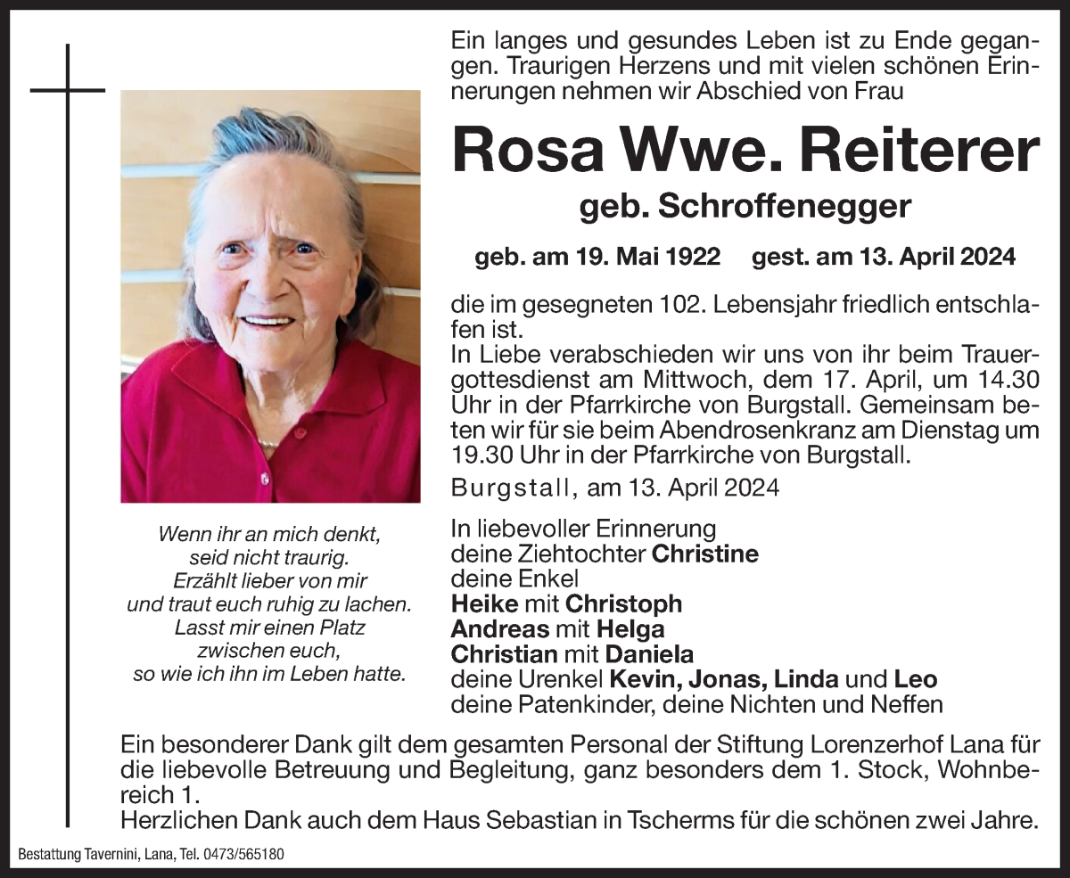  Traueranzeige für Rosa Reiterer vom 16.04.2024 aus Dolomiten