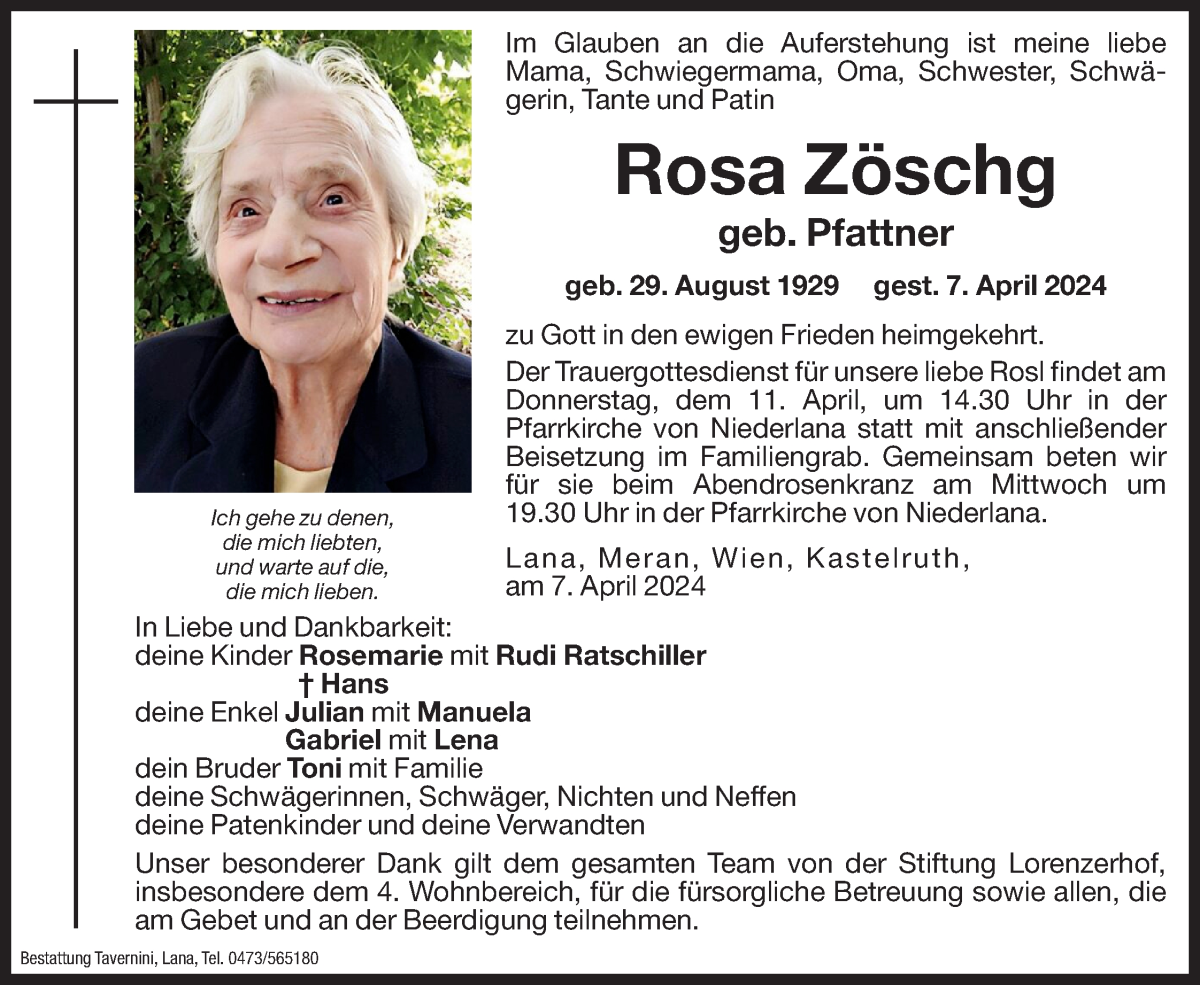  Traueranzeige für Rosa Zöschg vom 09.04.2024 aus Dolomiten