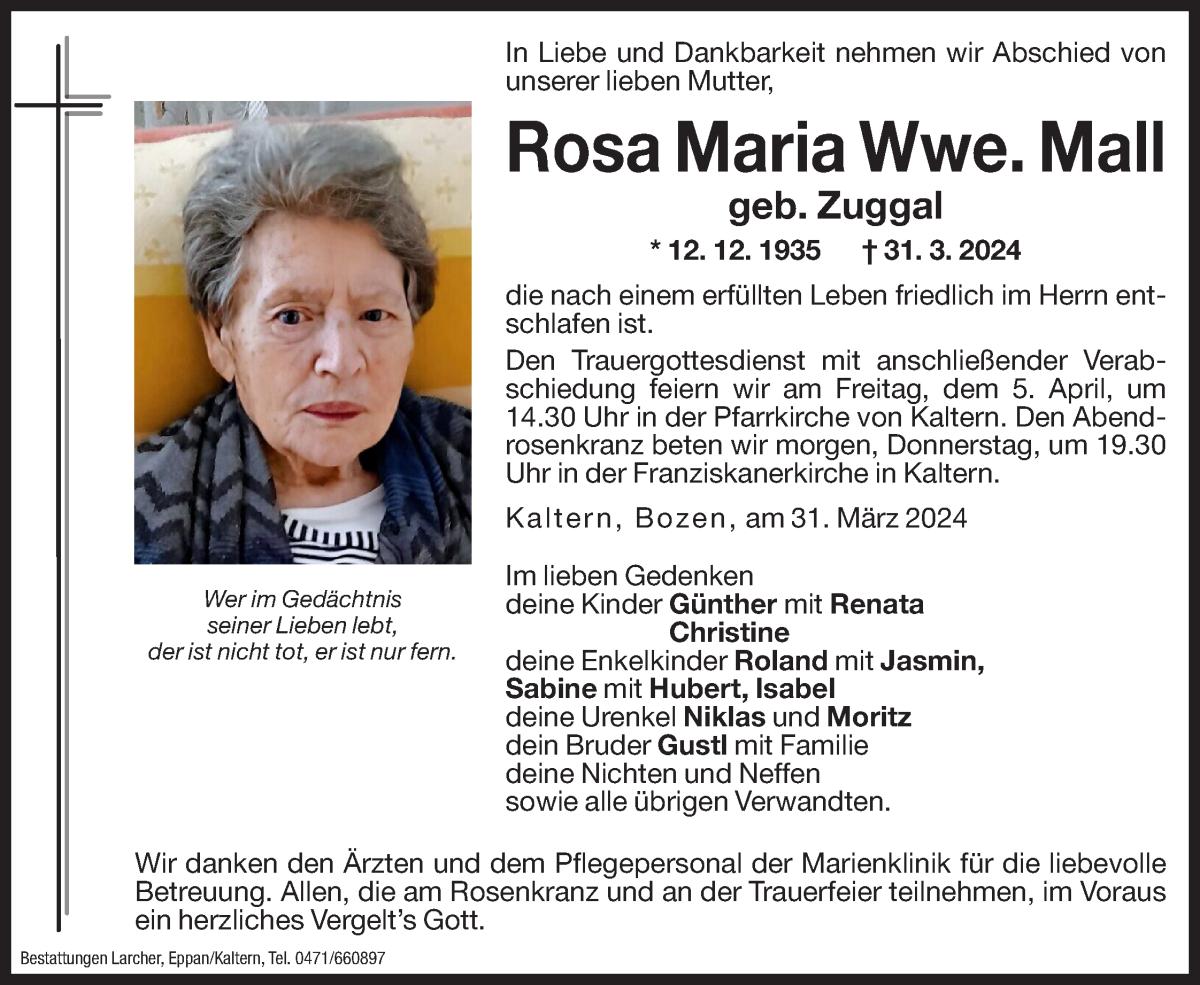  Traueranzeige für Rosa Maria Mall vom 03.04.2024 aus Dolomiten