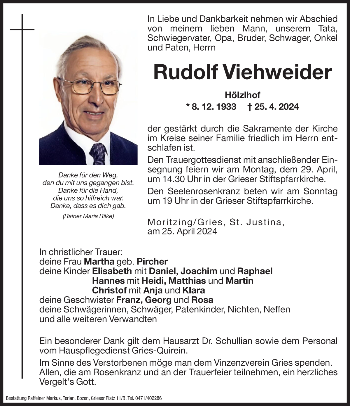  Traueranzeige für Rudolf Viehweider vom 27.04.2024 aus Dolomiten