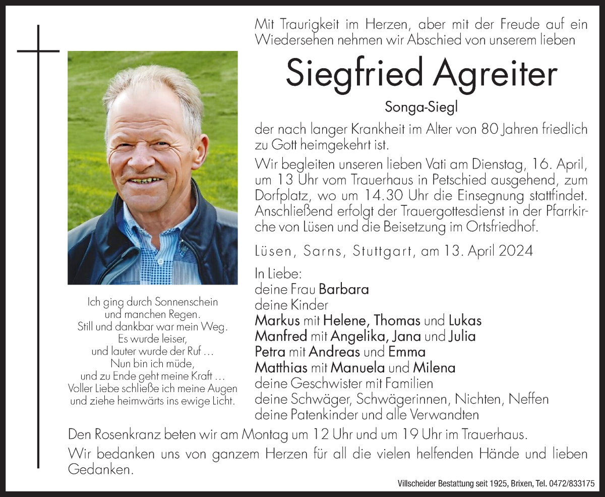  Traueranzeige für Siegfried Agreiter vom 15.04.2024 aus Dolomiten