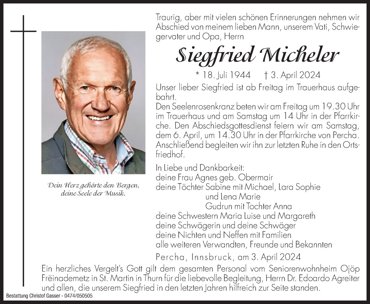  Traueranzeige für Siegfried Micheler vom 05.04.2024 aus Dolomiten