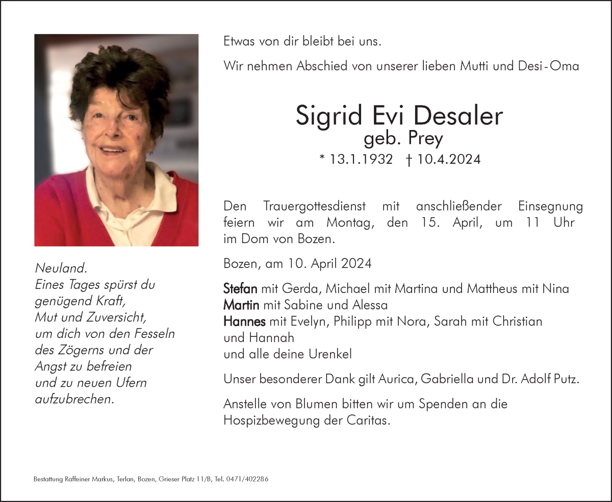  Traueranzeige für Sigrid Desaler vom 12.04.2024 aus Dolomiten