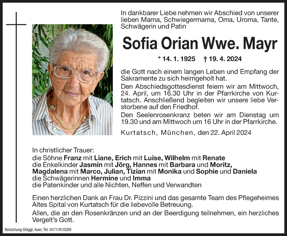  Traueranzeige für Sofia Mayr vom 22.04.2024 aus Dolomiten