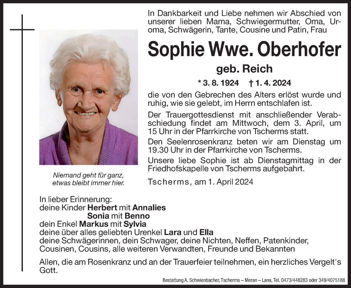  Traueranzeige für Sophie Oberhofer vom 02.04.2024 aus Dolomiten