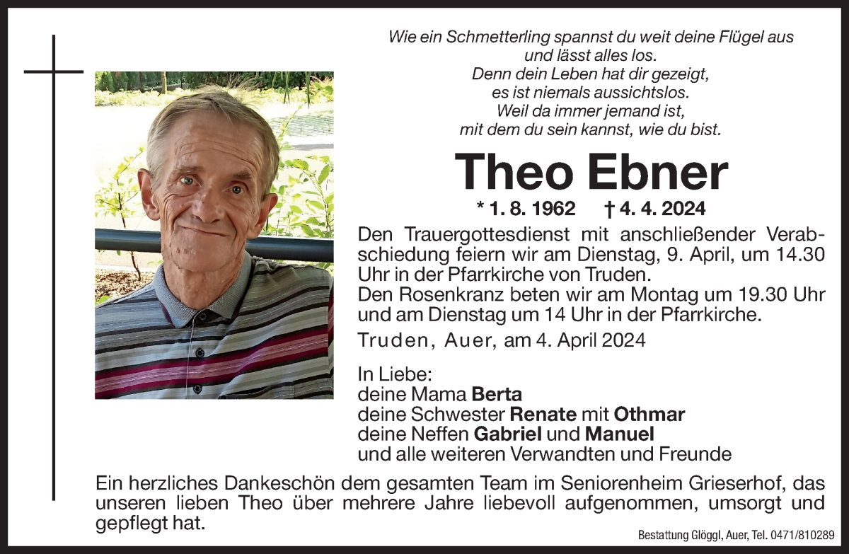  Traueranzeige für Theo Ebner vom 06.04.2024 aus Dolomiten