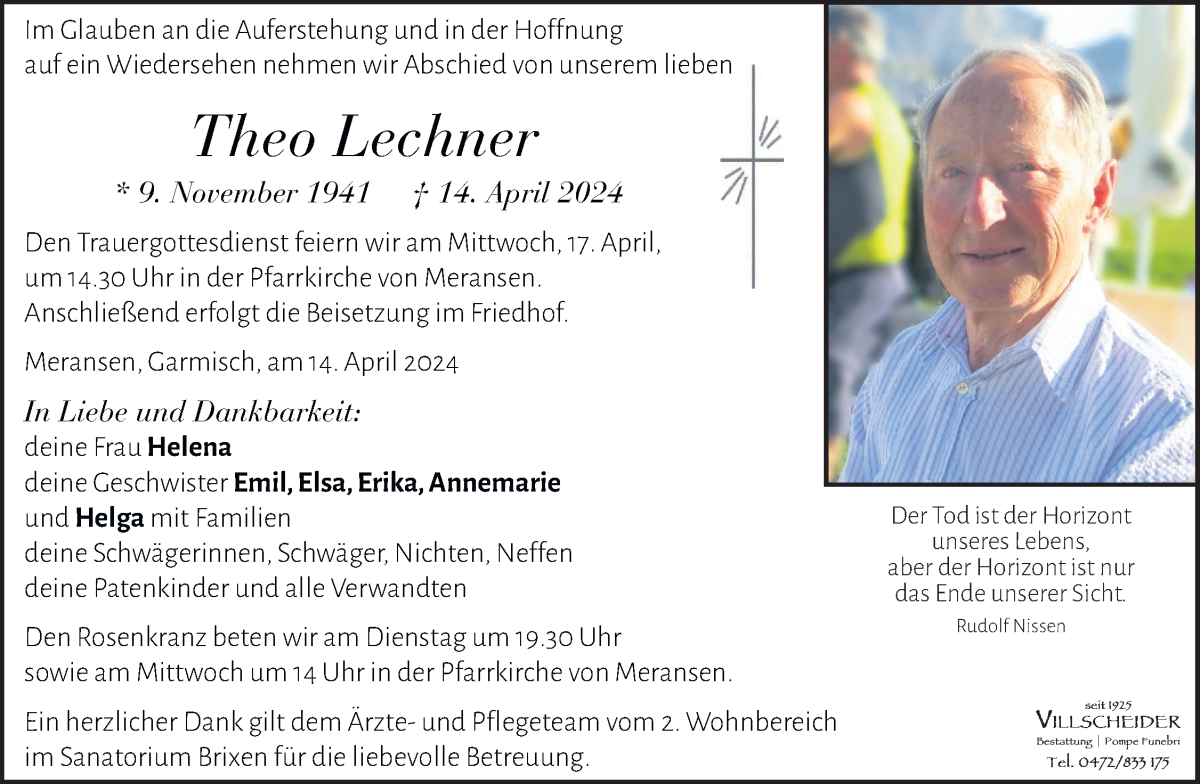  Traueranzeige für Theo Lechner vom 16.04.2024 aus Dolomiten