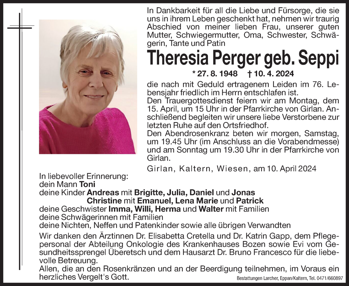  Traueranzeige für Theresia Perger vom 12.04.2024 aus Dolomiten