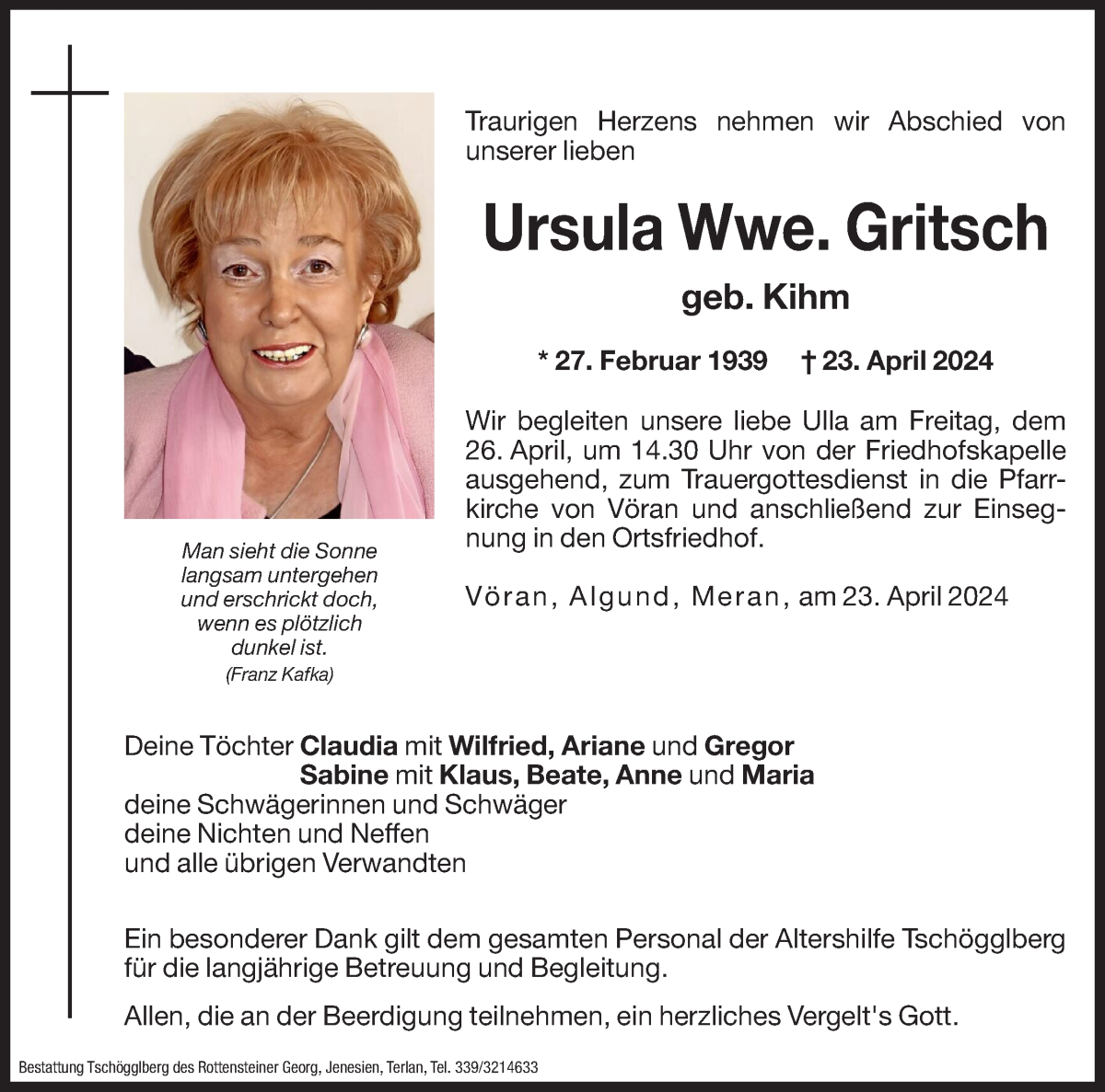  Traueranzeige für Ursula Gritsch vom 26.04.2024 aus Dolomiten
