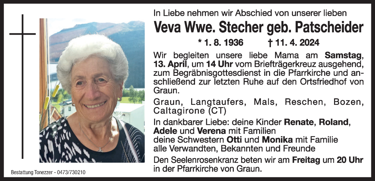  Traueranzeige für Veva Stecher vom 12.04.2024 aus Dolomiten