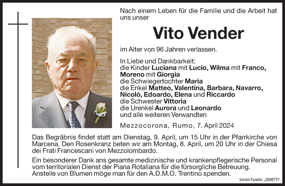  Traueranzeige für Vito Vender vom 08.04.2024 aus Dolomiten