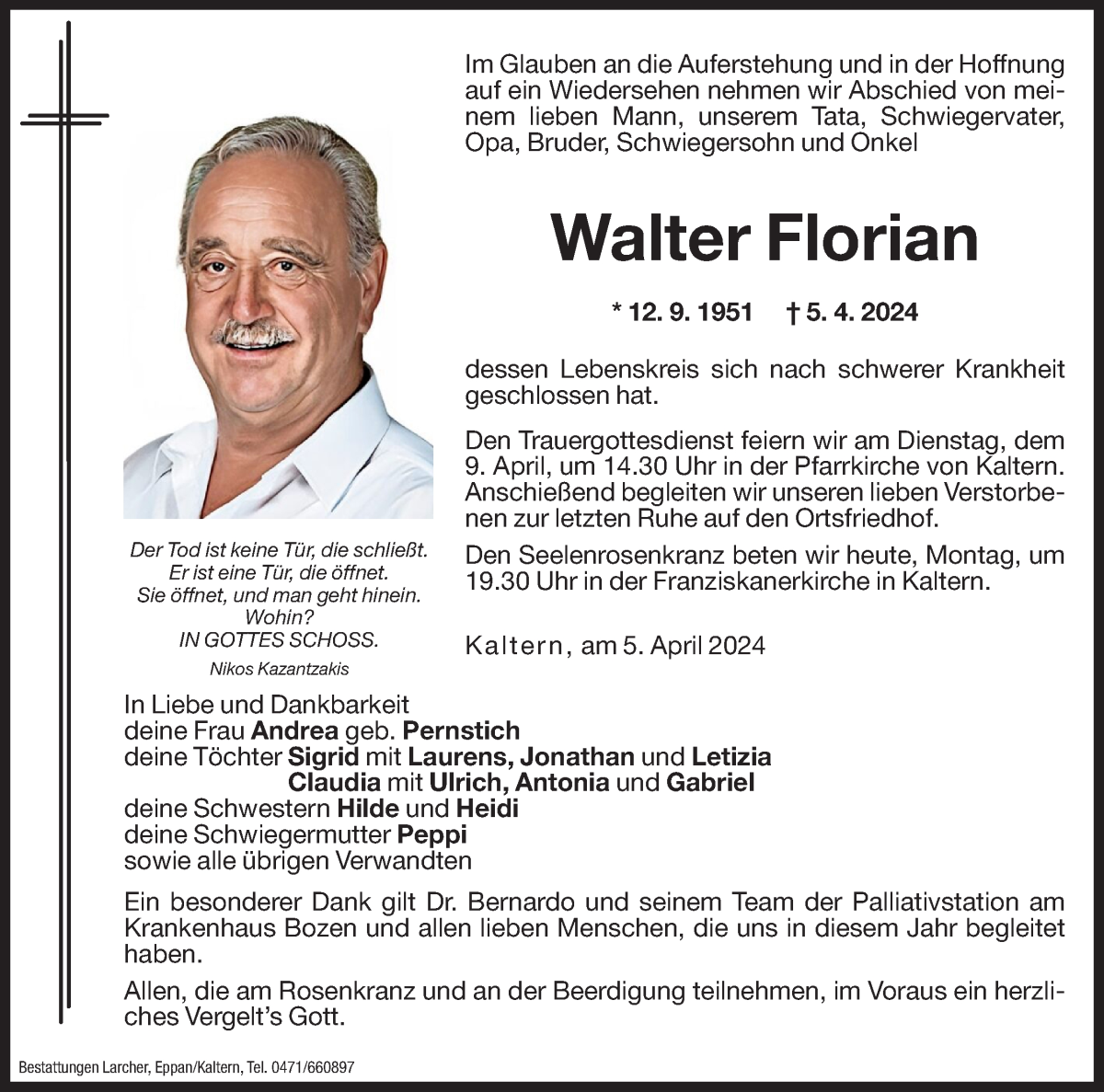  Traueranzeige für Walter Florian vom 08.04.2024 aus Dolomiten