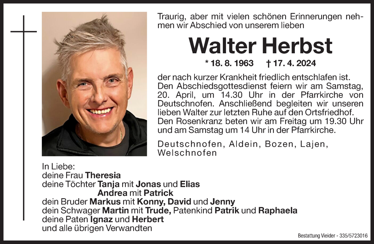  Traueranzeige für Walter Herbst vom 19.04.2024 aus Dolomiten