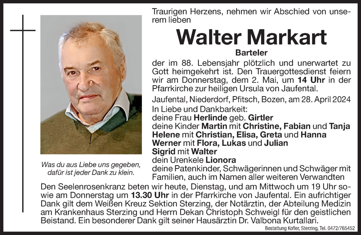  Traueranzeige für Walter Markart vom 30.04.2024 aus Dolomiten