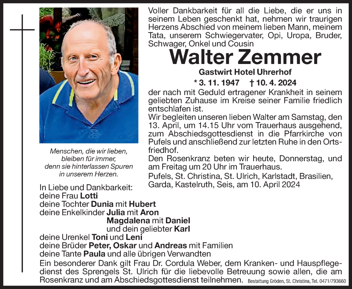  Traueranzeige für Walter Zemmer vom 11.04.2024 aus Dolomiten