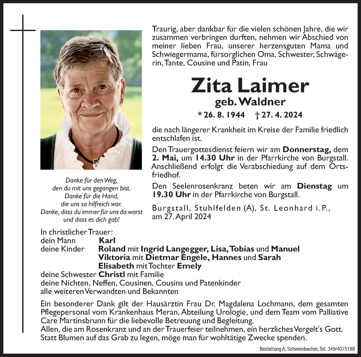  Traueranzeige für Zita Laimer vom 29.04.2024 aus Dolomiten