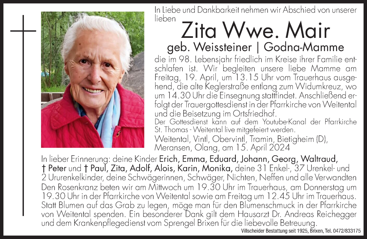  Traueranzeige für Zita Mair vom 17.04.2024 aus Dolomiten
