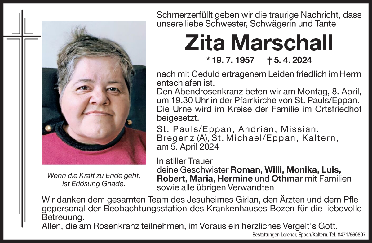  Traueranzeige für Zita Marschall vom 06.04.2024 aus Dolomiten