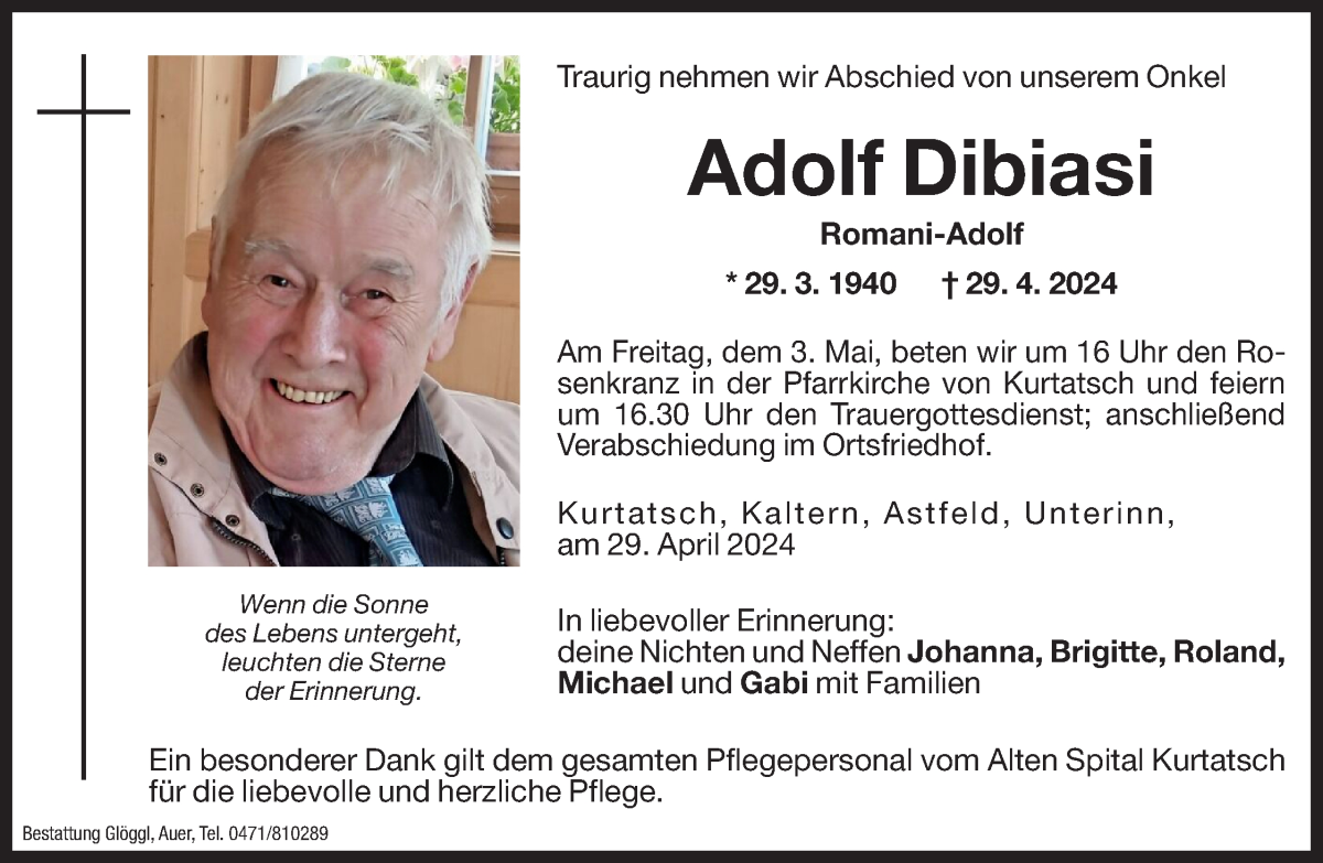  Traueranzeige für Adolf Dibiasi vom 03.05.2024 aus Dolomiten