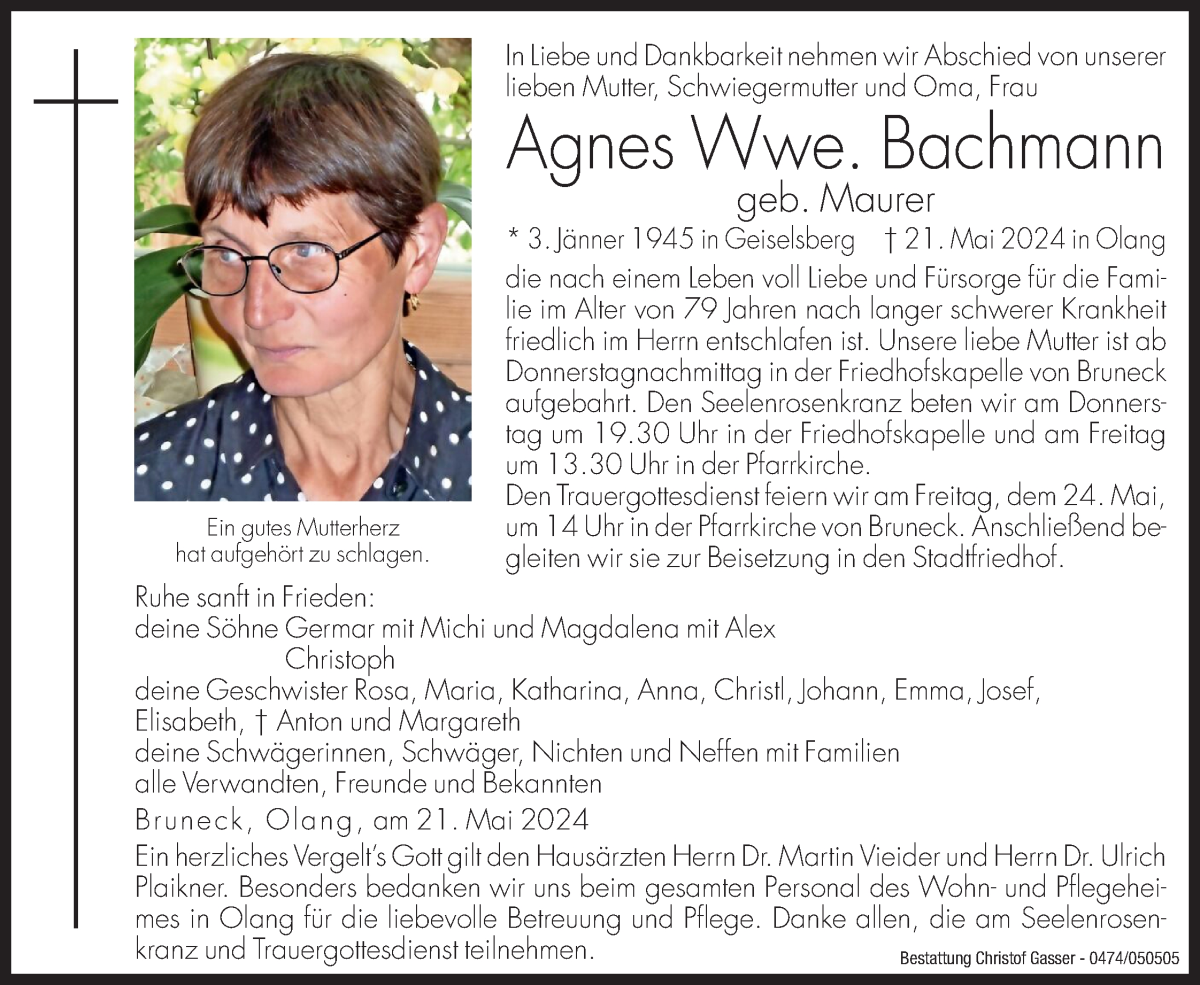  Traueranzeige für Agnes Bachmann vom 23.05.2024 aus Dolomiten