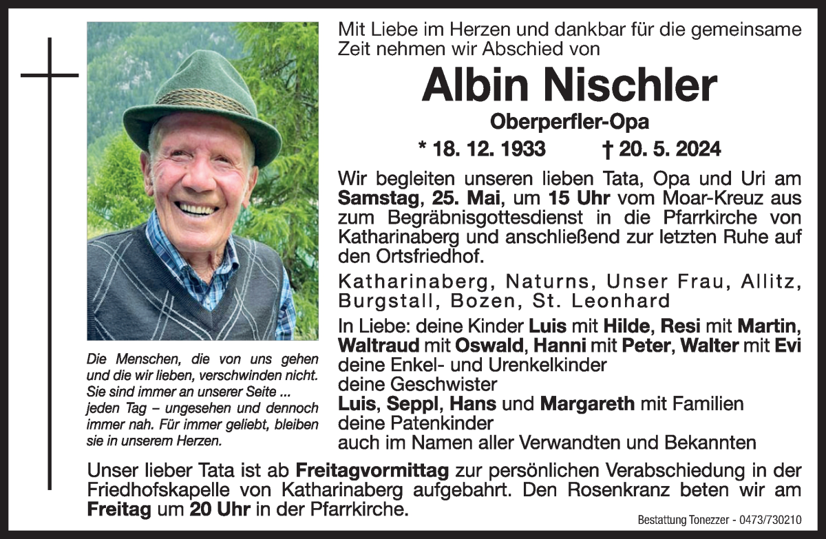  Traueranzeige für Albin Nischler vom 24.05.2024 aus Dolomiten