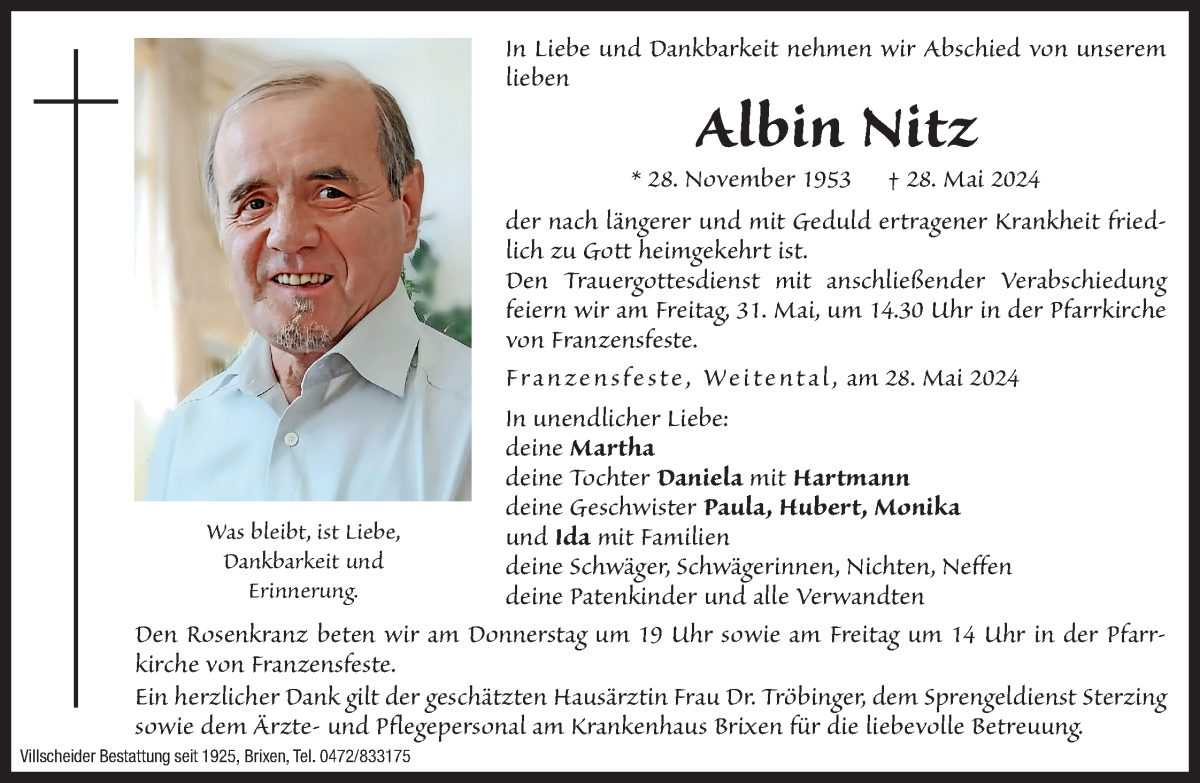  Traueranzeige für Albin Nitz vom 30.05.2024 aus Dolomiten