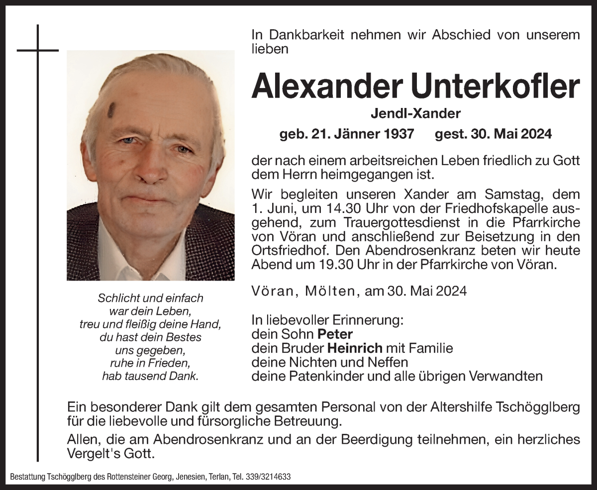  Traueranzeige für Alexander Unterkofler vom 31.05.2024 aus Dolomiten