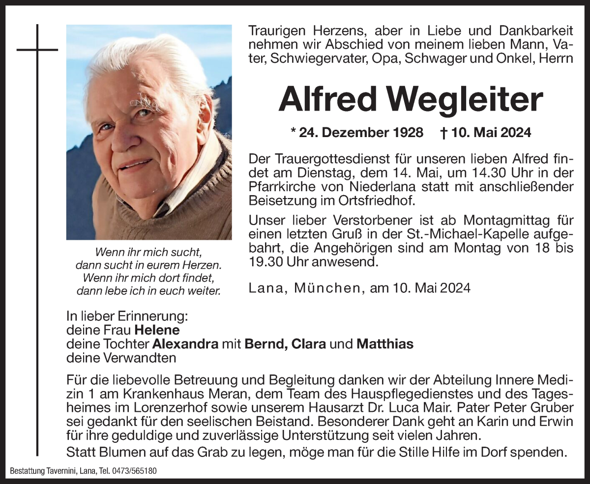  Traueranzeige für Alfred Wegleiter vom 11.05.2024 aus Dolomiten