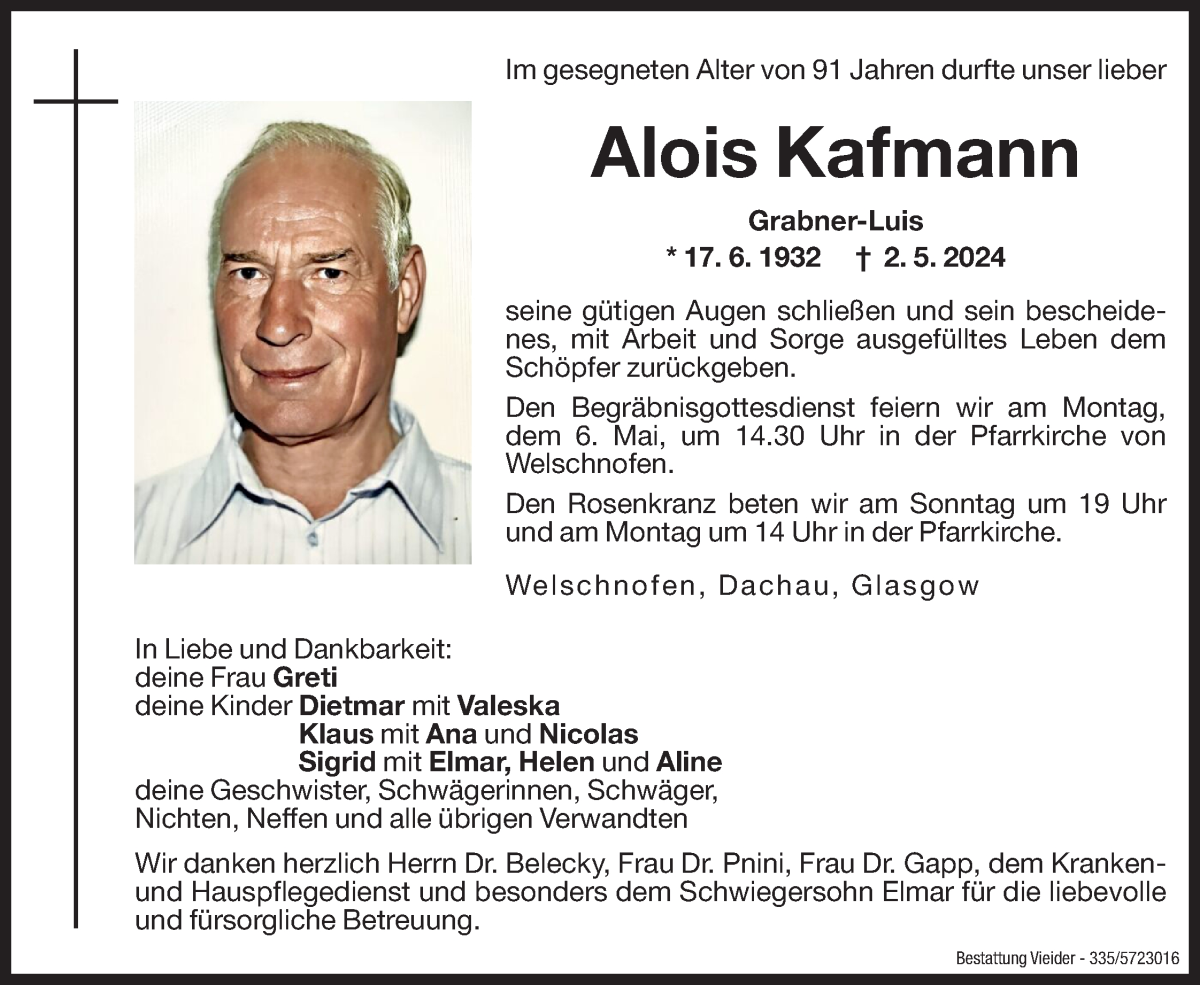  Traueranzeige für Alois Kafmann vom 03.05.2024 aus Dolomiten
