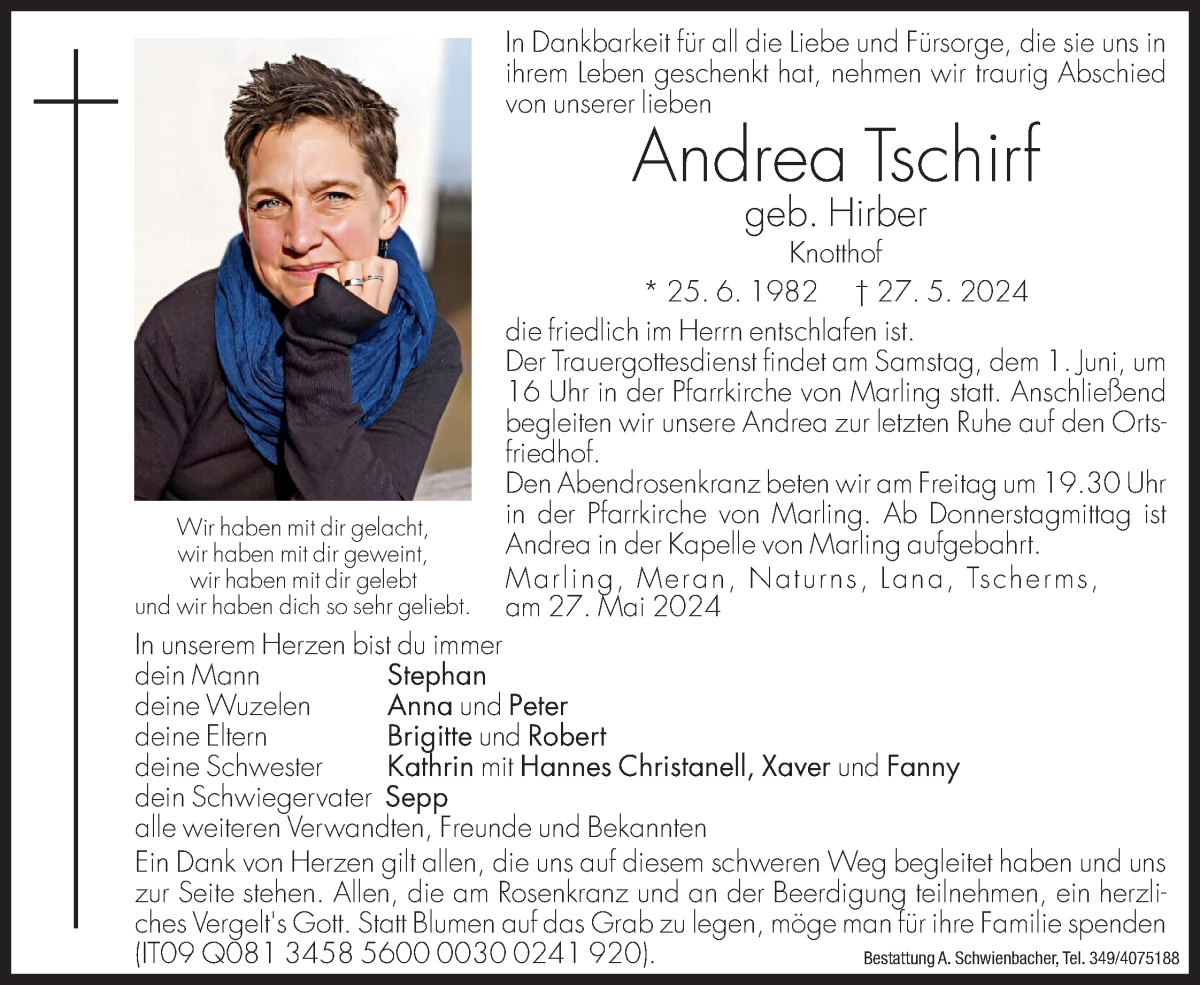  Traueranzeige für Andrea Tschirf vom 30.05.2024 aus Dolomiten