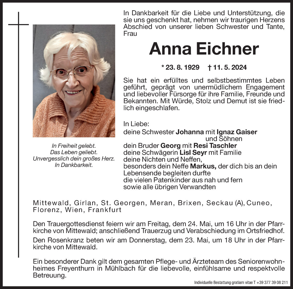  Traueranzeige für Anna Eichner  vom 21.05.2024 aus Dolomiten