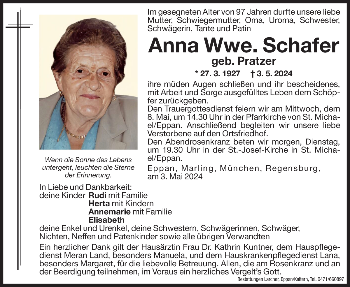 Traueranzeige für Anna Schafer vom 06.05.2024 aus Dolomiten