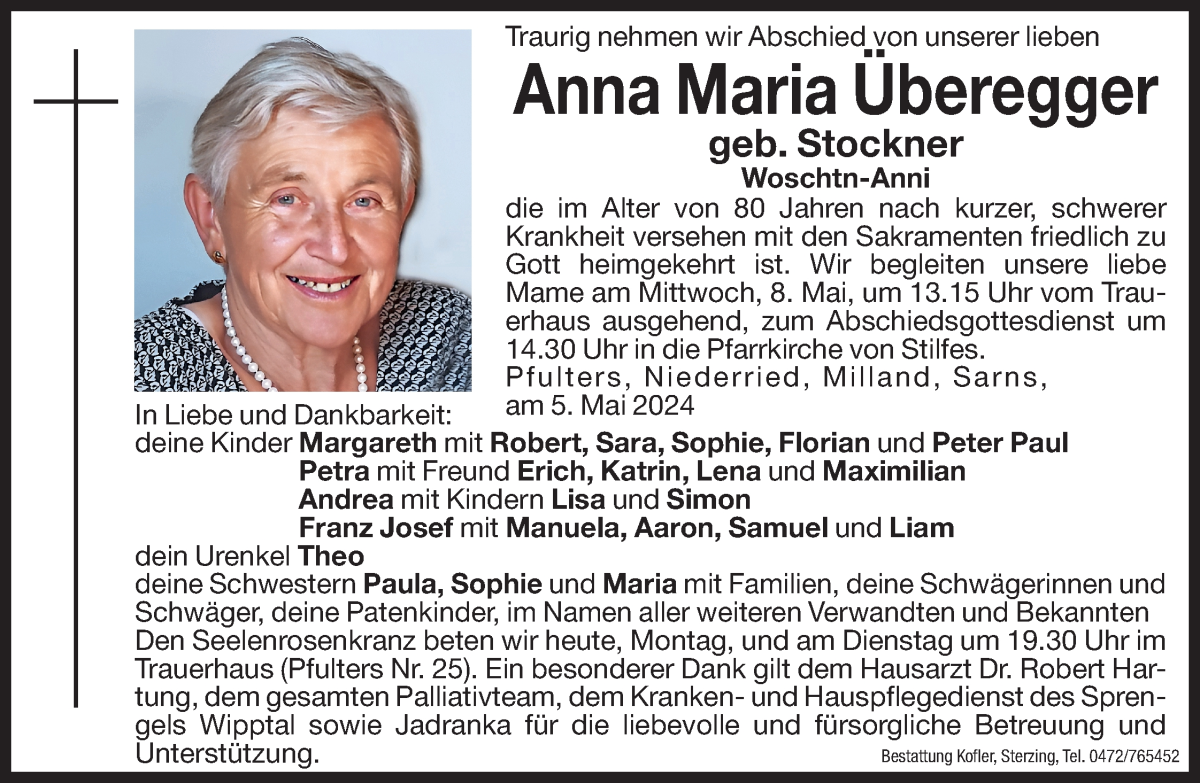  Traueranzeige für Anna Maria Überegger vom 06.05.2024 aus Dolomiten