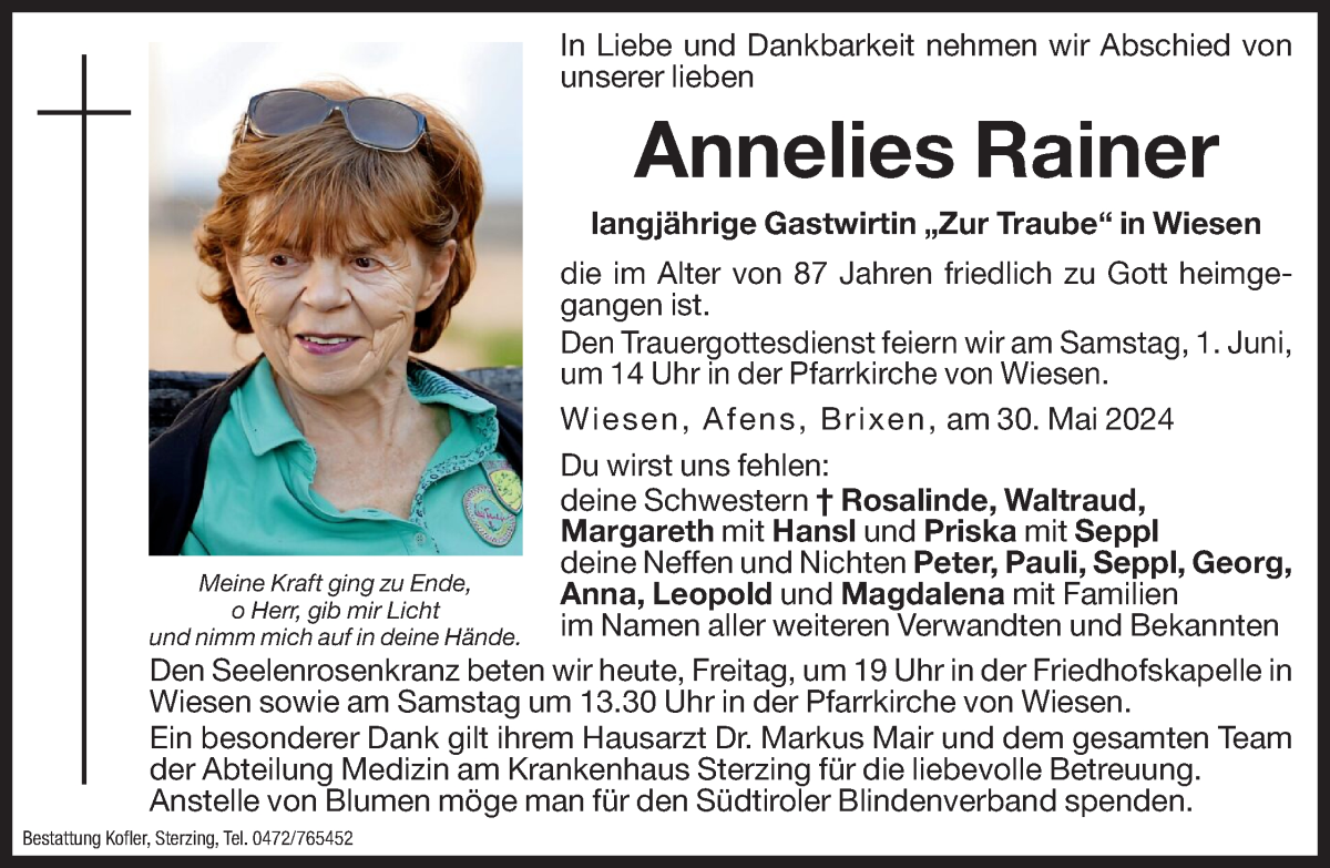  Traueranzeige für Annelies Rainer vom 31.05.2024 aus Dolomiten