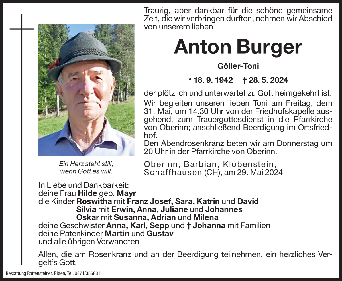  Traueranzeige für Anton Burger vom 30.05.2024 aus Dolomiten