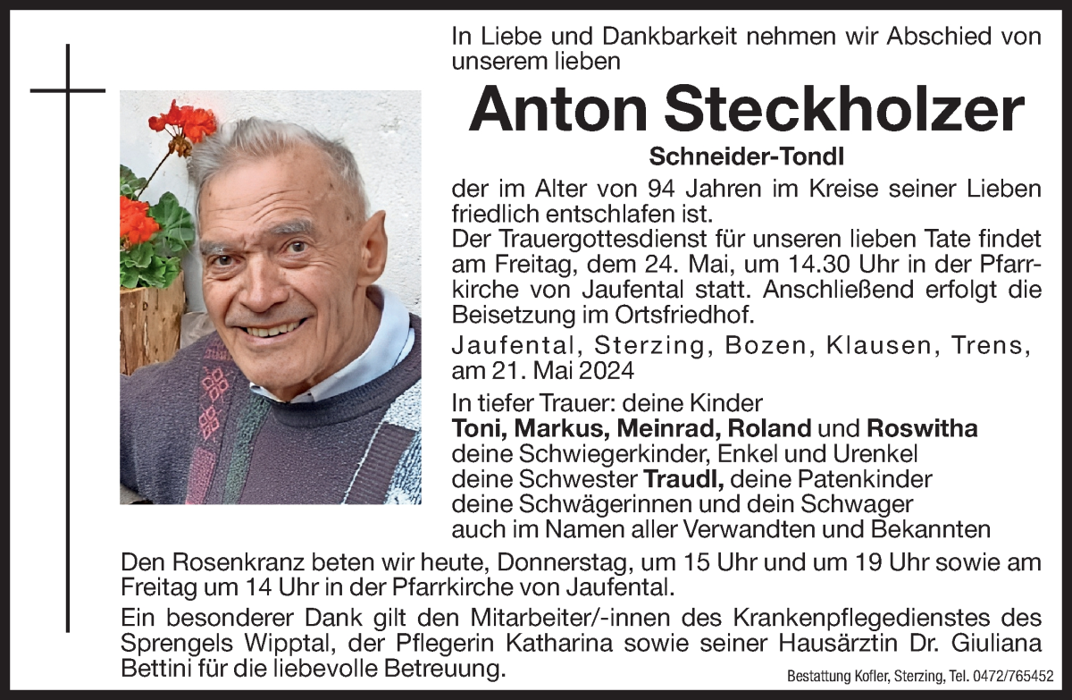  Traueranzeige für Anton Steckholzer vom 23.05.2024 aus Dolomiten