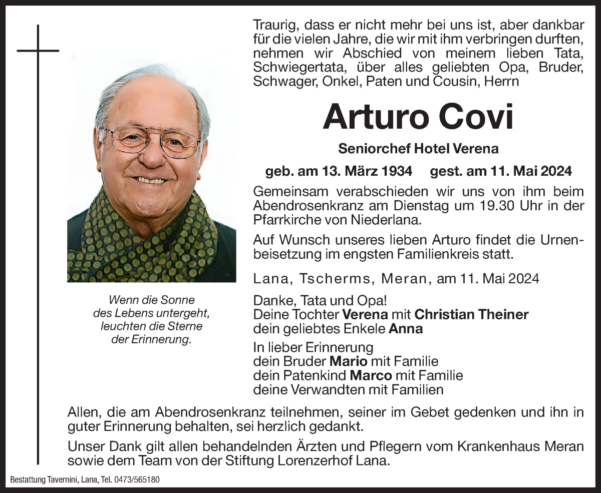  Traueranzeige für Arturo Covi vom 14.05.2024 aus Dolomiten