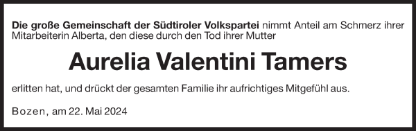 Traueranzeige von Aurelia Valentini - Tamers von Dolomiten