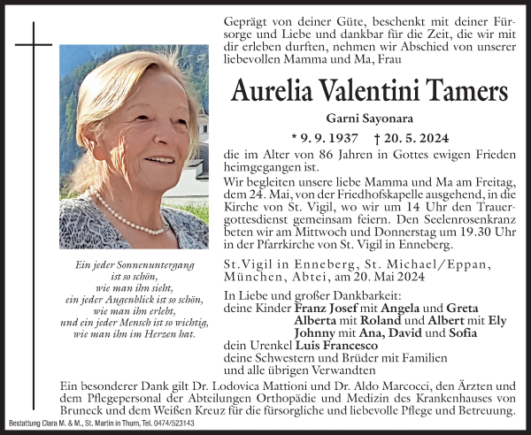 Traueranzeige von Aurelia Valentini - Tamers von Dolomiten