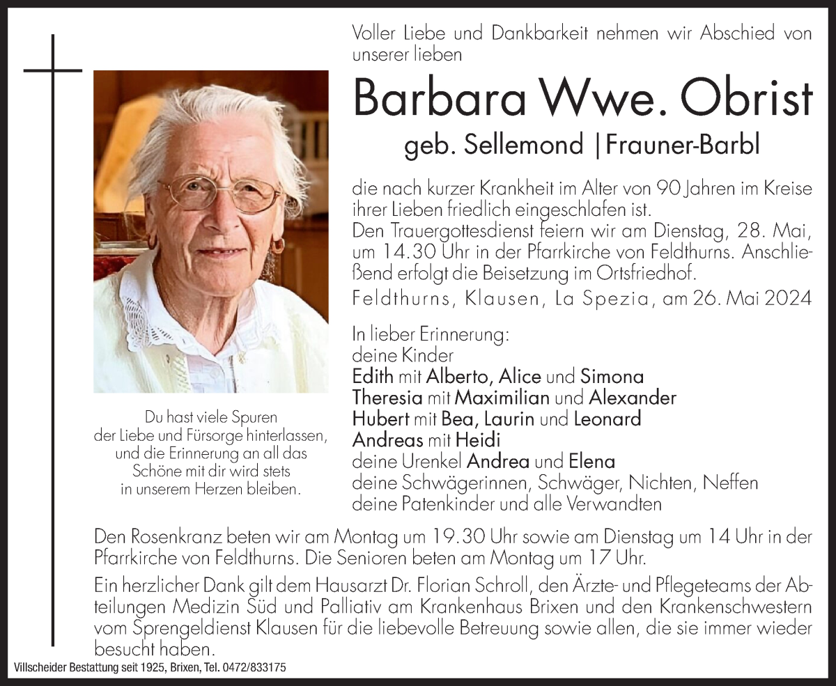  Traueranzeige für Barbara Obrist vom 27.05.2024 aus Dolomiten