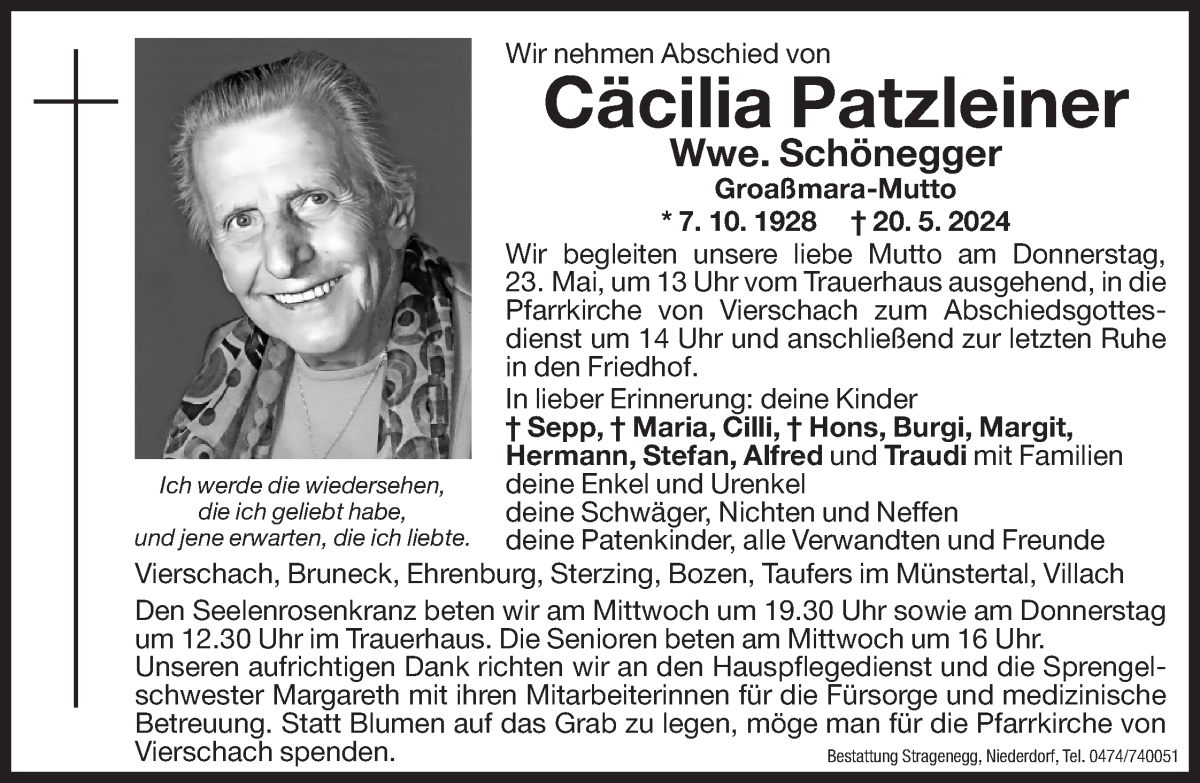  Traueranzeige für Cäcilia Schönegger vom 22.05.2024 aus Dolomiten