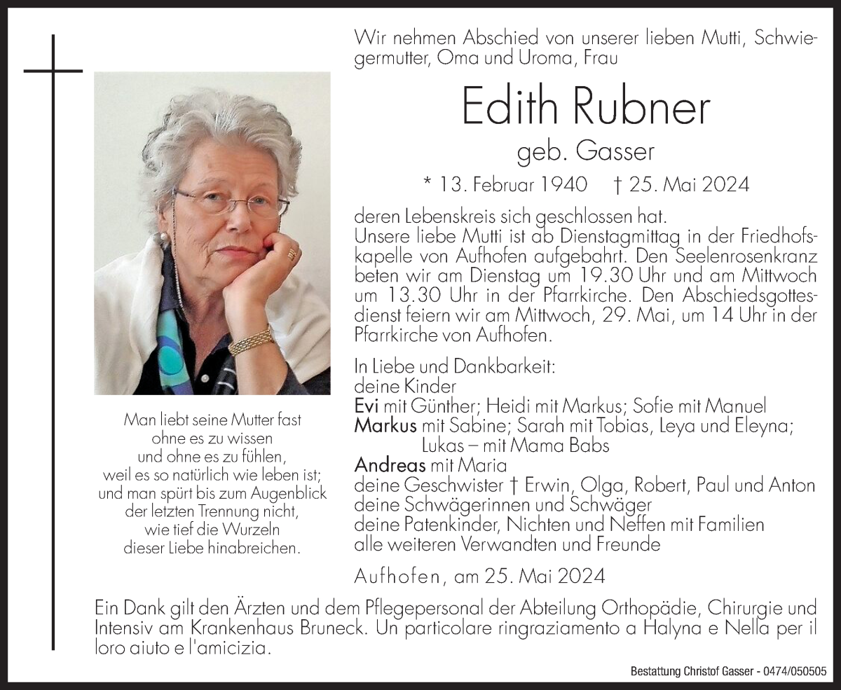  Traueranzeige für Edith Rubner vom 28.05.2024 aus Dolomiten