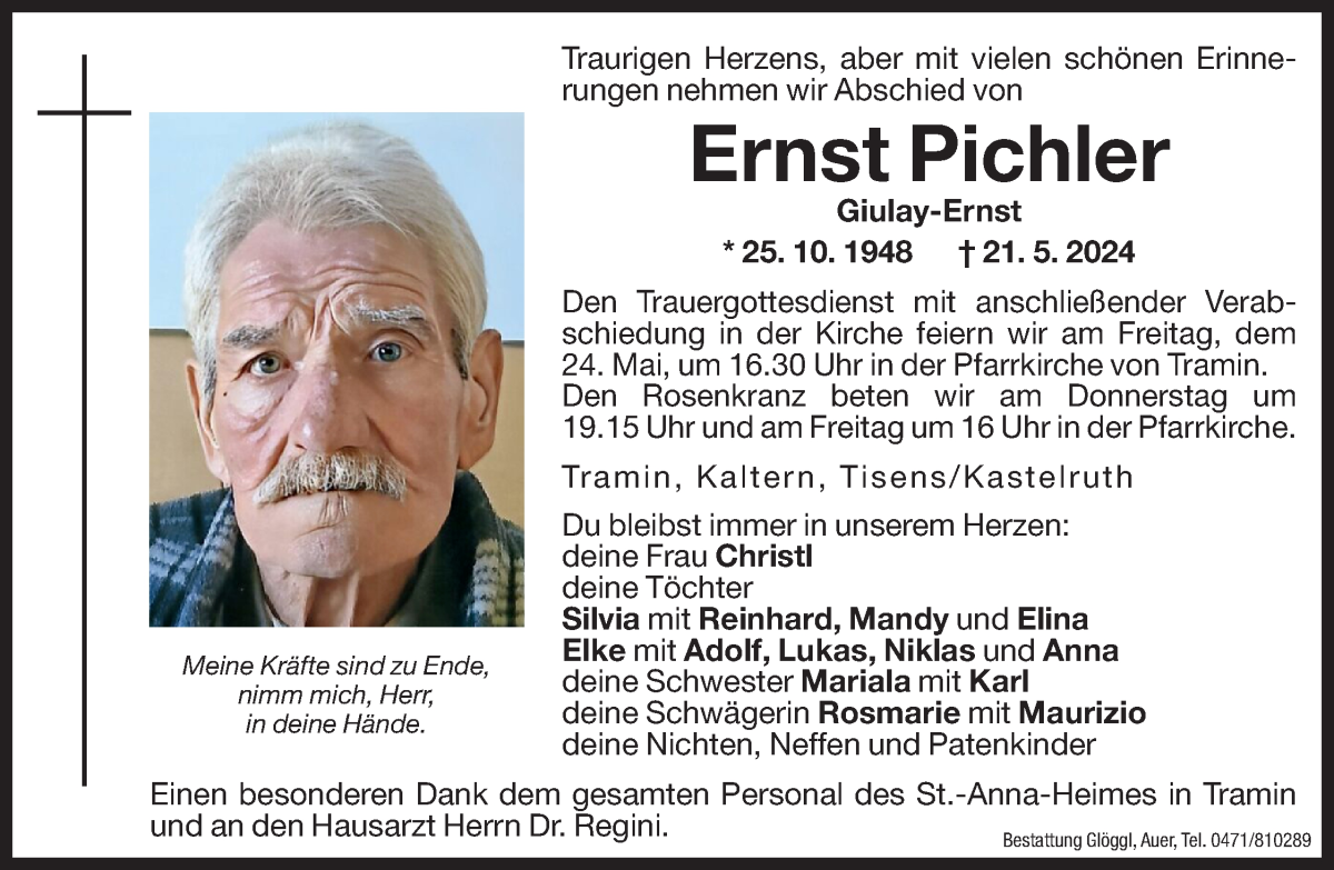  Traueranzeige für Ernst Pichler vom 22.05.2024 aus Dolomiten