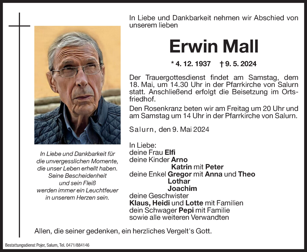  Traueranzeige für Erwin Mall vom 15.05.2024 aus Dolomiten